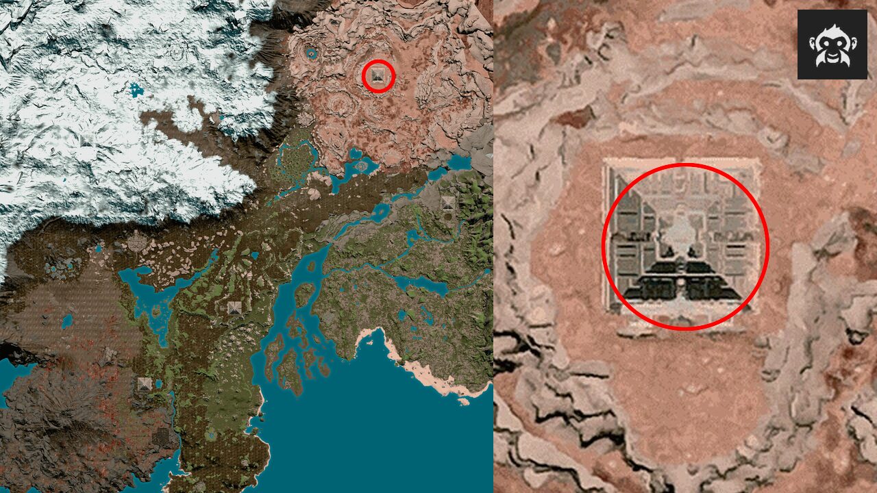 Mapa de Soulmask con un círculo rojo sobre la Pirámide de la Meseta, en la montaña de la mesa, arriba a la derecha, y la pirámide vista desde arriba