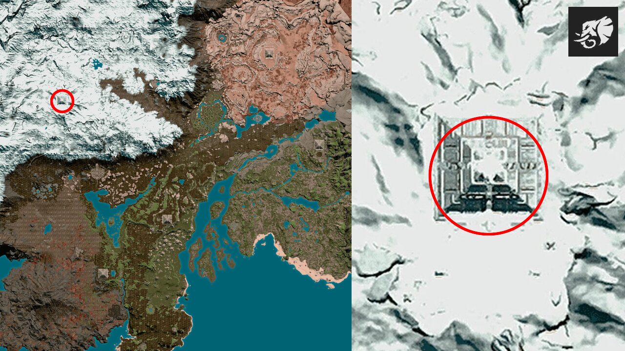 Mapa de Soulmask con un círculo rojo sobre la Pirámide de la Montaña Nevada, en la tierra alpina, arriba a la izquierda, y la pirámide vista desde arriba