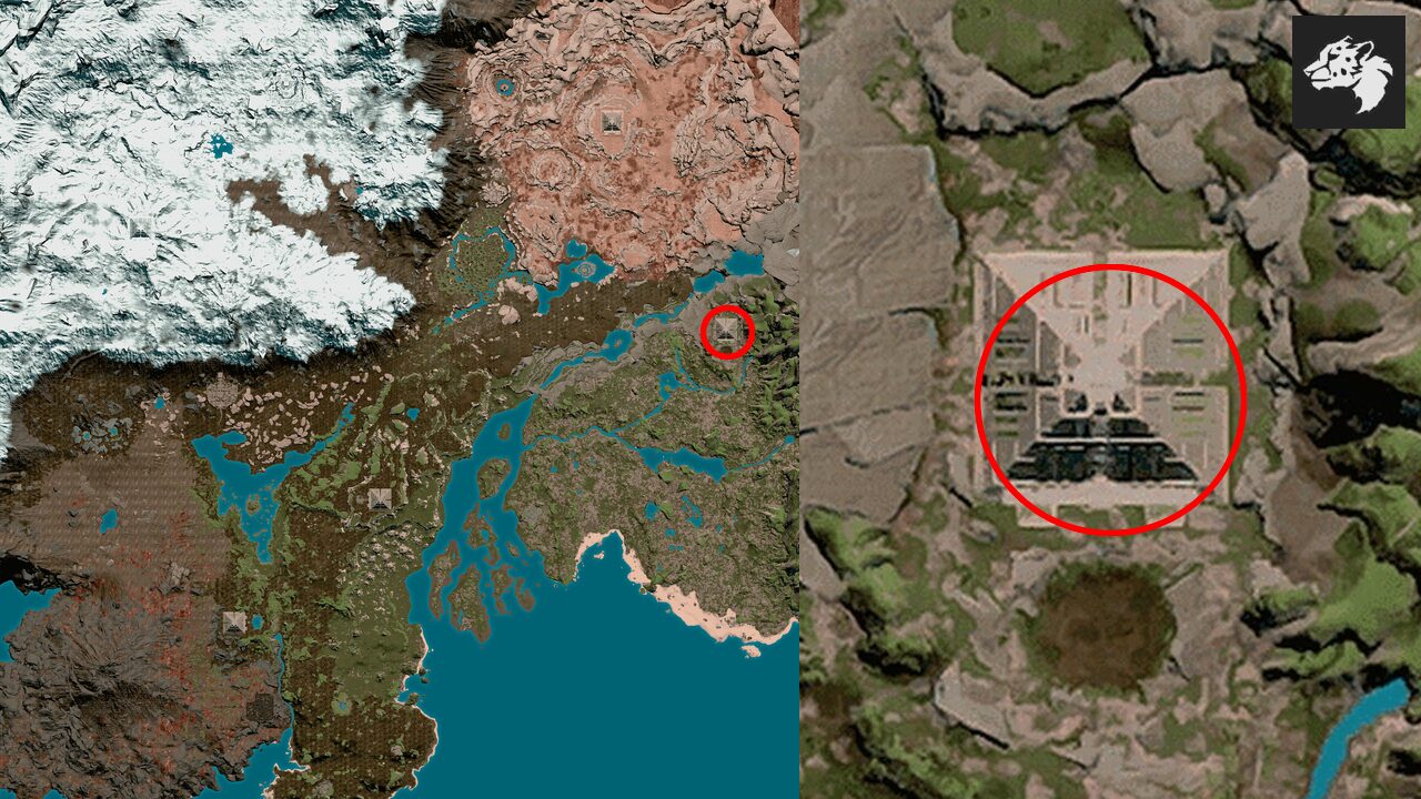 Mapa de Soulmask con un círculo rojo sobre la Pirámide de la Selva, en la selva del norte, al este del mapa base, y la pirámide vista desde arriba