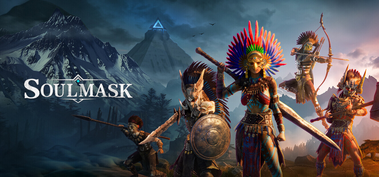 Guerreros con máscaras y tocados de plumas ante unas montañas con una pirámide, junto al logotipo de Soulmask