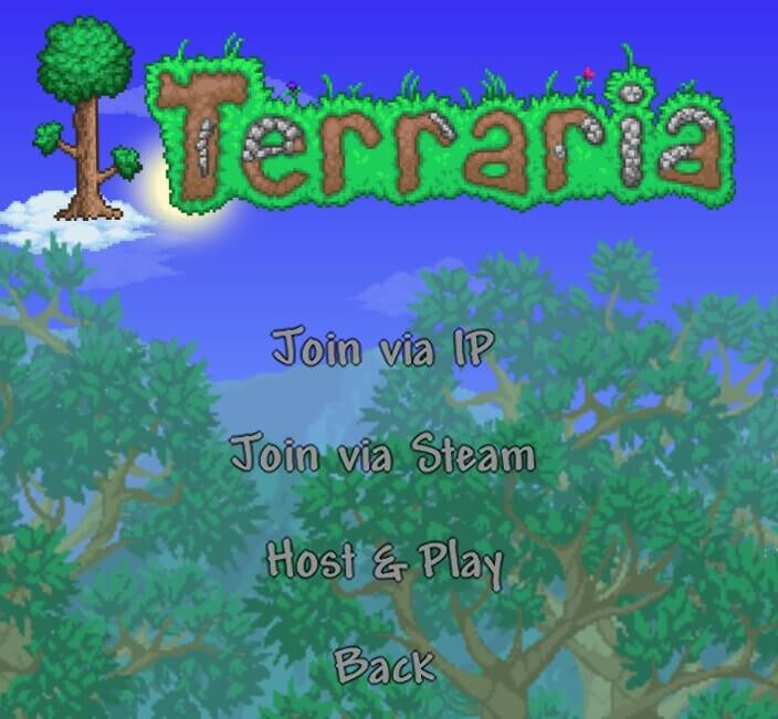 Menú Multijugador de Terraria con las opciones Join via IP, Join via Steam, Host & Play y Back