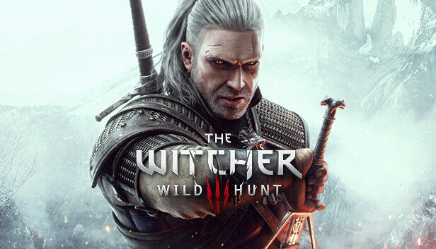 Portada de The Witcher 3: Wild Hunt: Geralt de Rivia desenvainando su espada, con el pelo blanco y una cicatriz en la cara