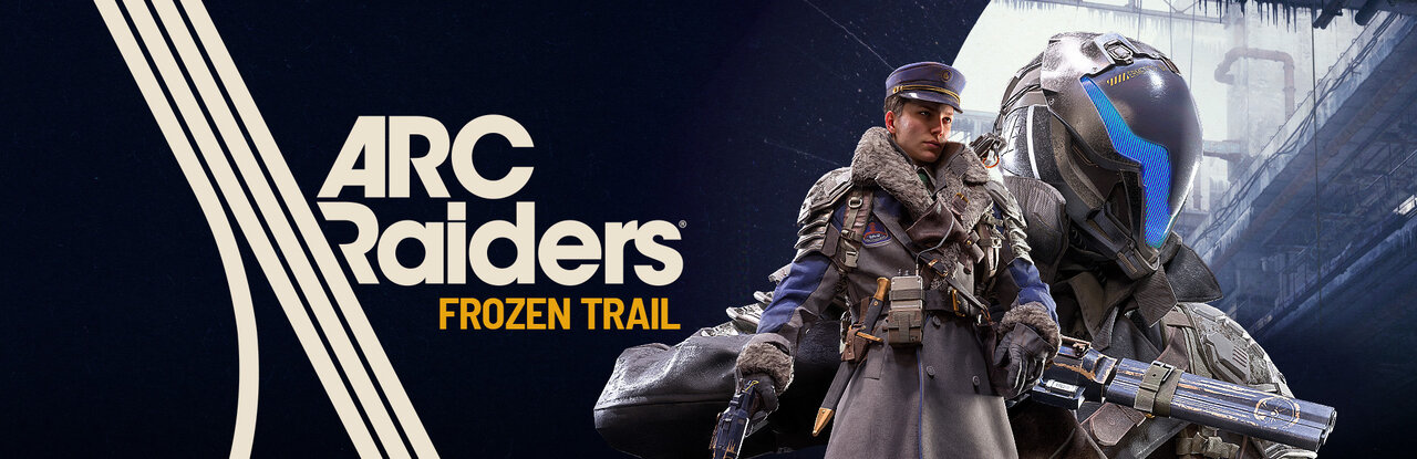 Dos personajes con ropa de invierno y armas junto al logotipo de ARC Raiders con el texto Frozen Trail