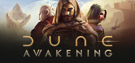Portada de Dune: Awakening: tres personajes con ropa del desierto sobre el logotipo del juego