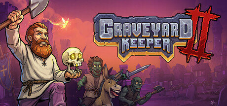 Portada de Graveyard Keeper 2: el guardián pelirrojo con un hacha y una calavera junto a dos zombis y un burro, al lado del logotipo del juego