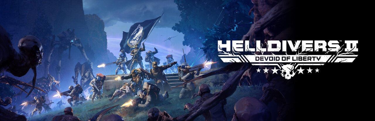 Escuadrón de Helldivers disparando contra criaturas iluminadas en un planeta oscuro, con el logotipo de Helldivers 2 y el texto Devoid of Liberty