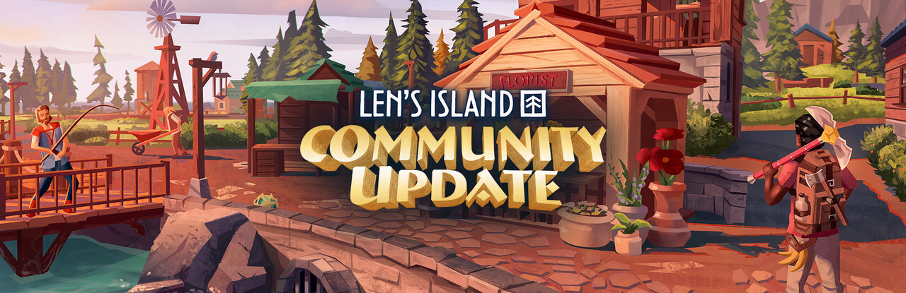 Una aldea con muelle y casas de madera junto al logotipo de Len's Island y el texto Community Update