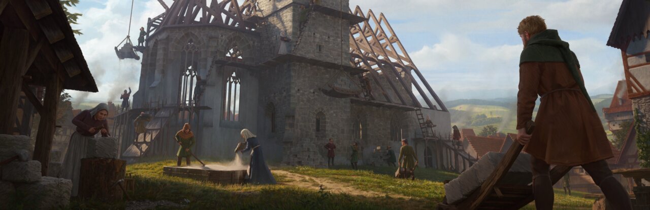 Campesinos medievales trabajando ante una iglesia en construcción con andamios