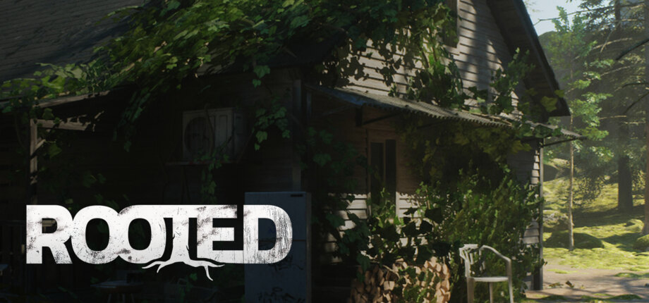 Logotipo de Rooted sobre una casa de madera cubierta de hiedra en medio del bosque