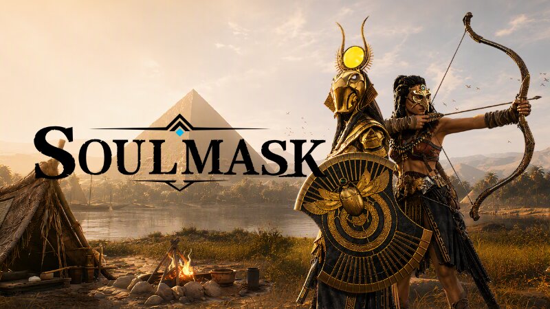 Dos guerreras con máscaras doradas, una con arco tensado, junto al logotipo de Soulmask y una pirámide al fondo