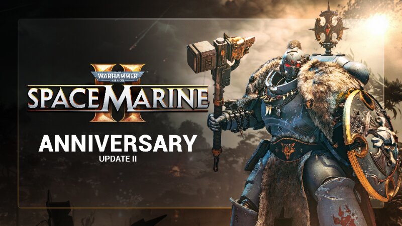 Un marine espacial con armadura de los Space Wolves y un martillo, junto al logotipo de Space Marine 2 y el texto Anniversary Update II