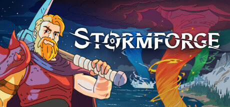 Portada de Stormforge: un guerrero pelirrojo con una maza al hombro junto al logotipo del juego, con tormentas de colores al fondo