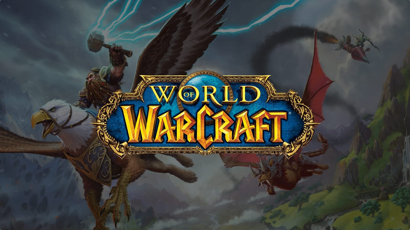 Arte oficial de World of Warcraft: un enano guerrero a lomos de un grifo frente a un dragón rojo, junto al logotipo del juego